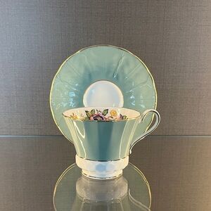 Aynsley Tea Cup and Saucer. Sage Green, Floral, Scalloped, Textural, Fluted.